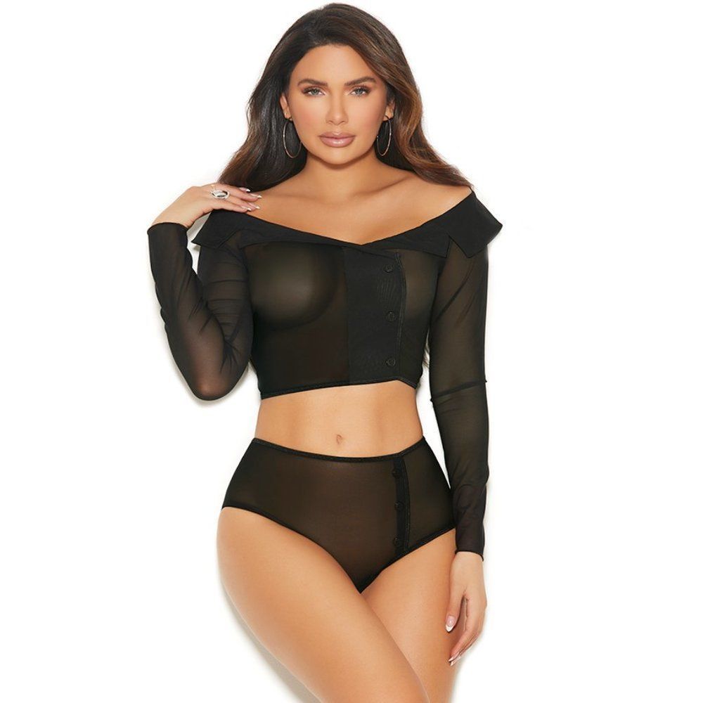 Black off the shoulder long sleeve top and high cut panties set